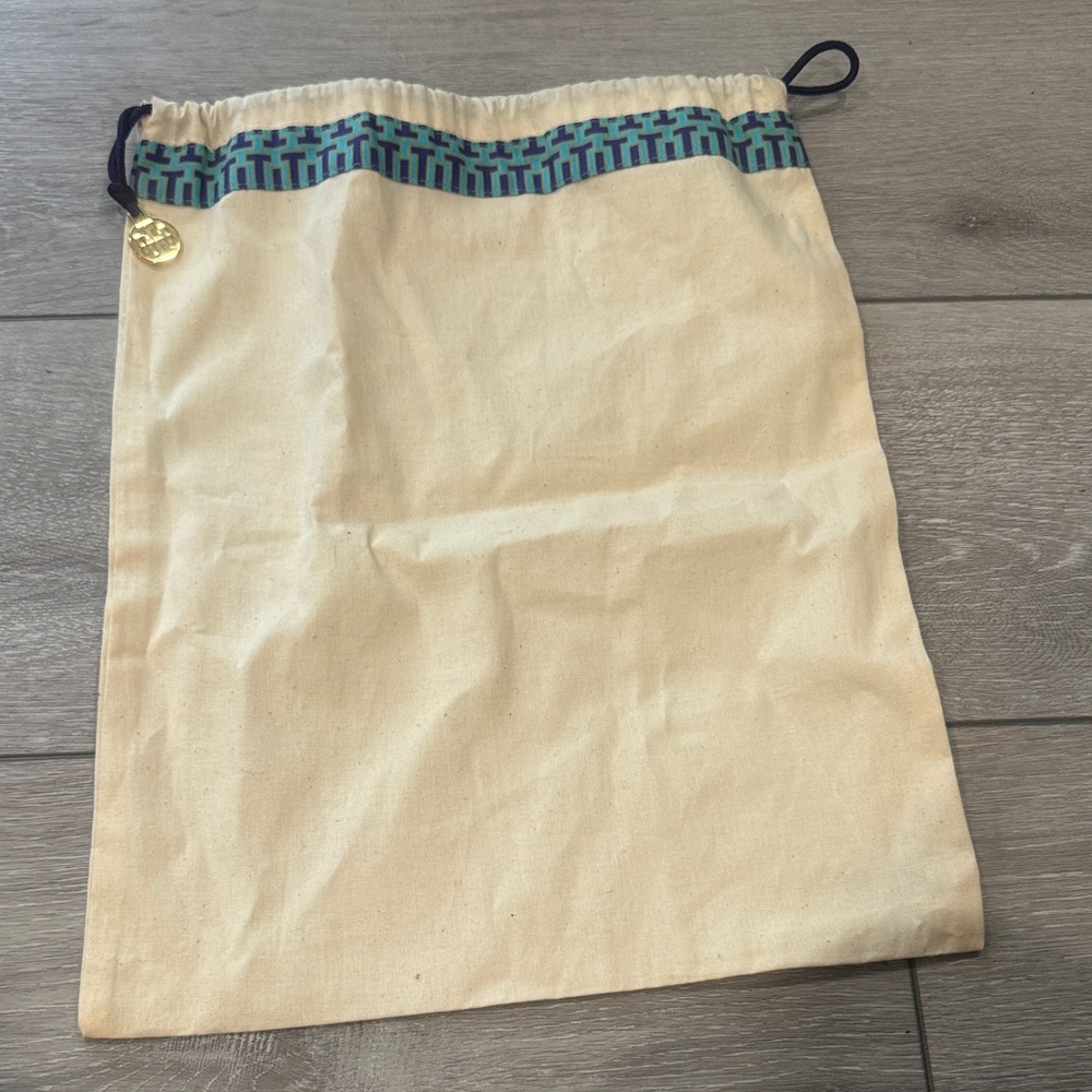 Tory Burch Cream and Blue Drawstring Bag